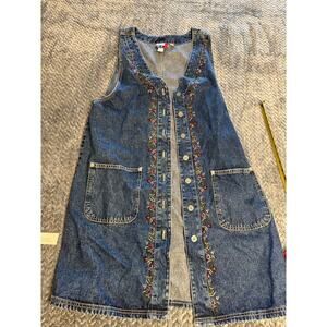 Vintage J.L.N.Y. Denim Sleeveless Jumper Dress Size L Floral Embroidery Pockets